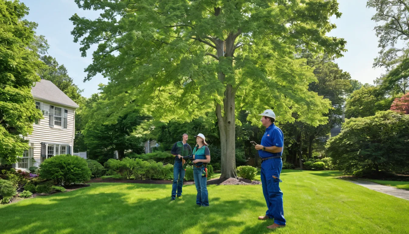 Local tree removal provider reviewing a tall backyard tree with a homeowner in Murrysville
